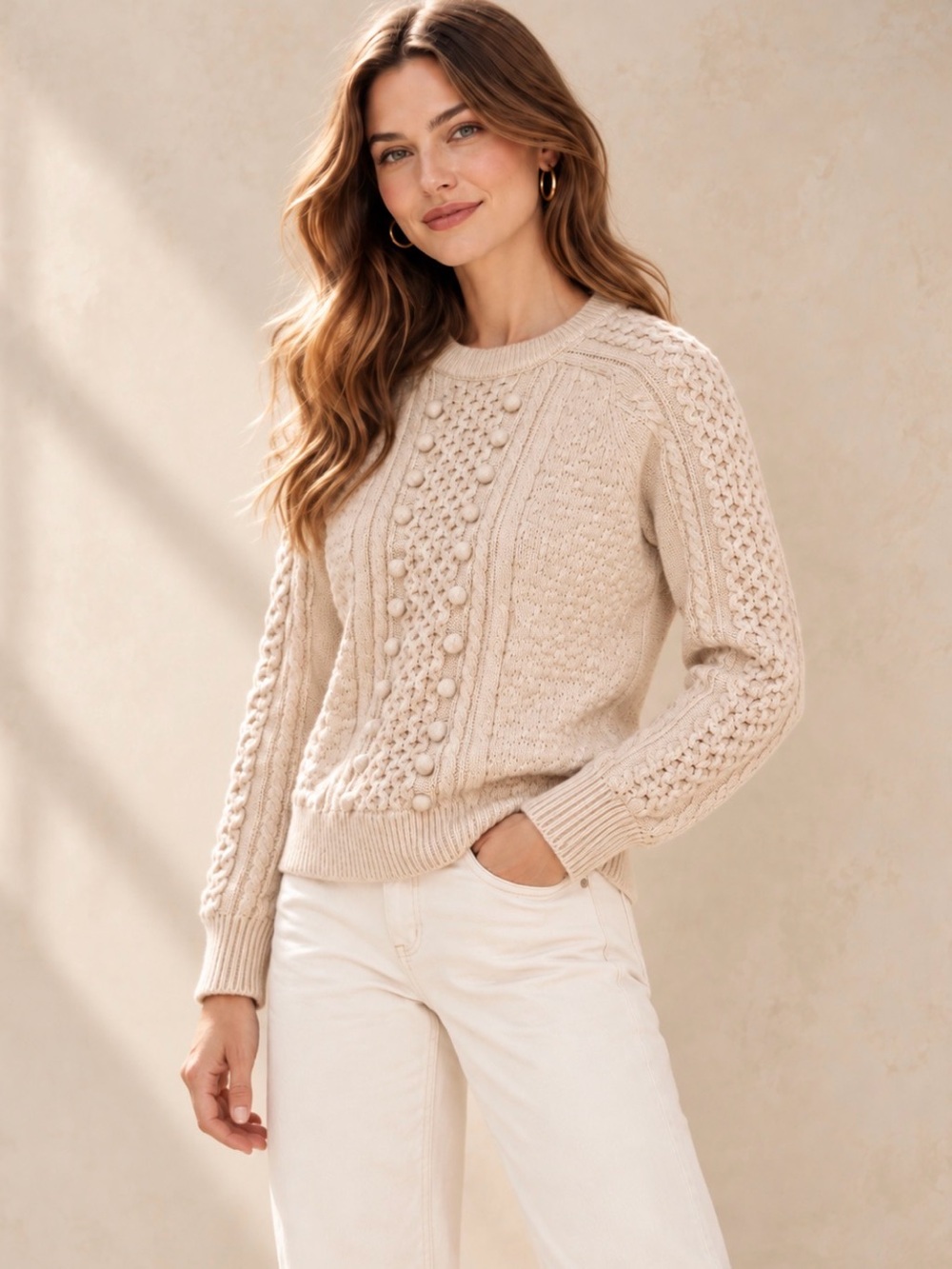 J.Crew Oatmeal Cable Knit Bobble Sweater Long Sleeve Crewneck Sz small